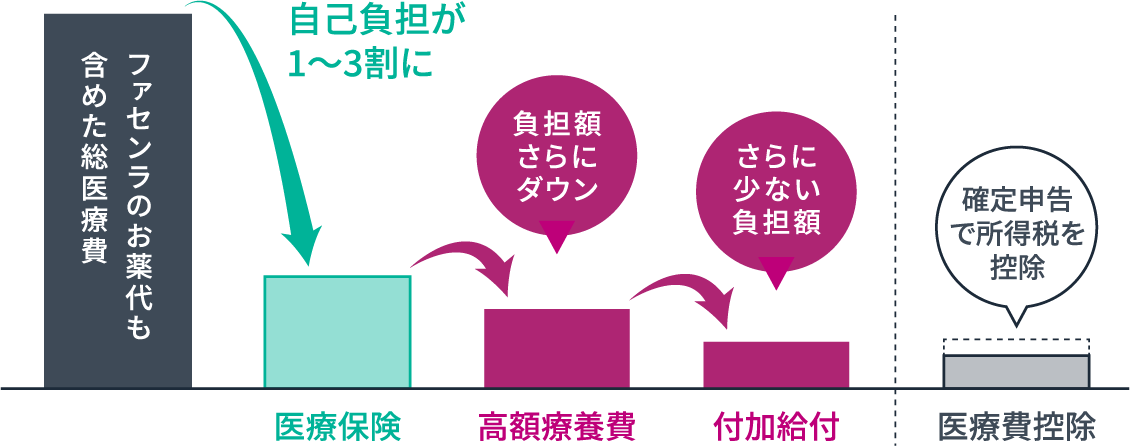 ファセンラのお薬代も含めた総医療費 自己負担が1~3割に 医療保険 負担額さらにダウン 高額療養費 さらに少ない負担額 付加給付 確定申告で所得税を控除 医療費控除